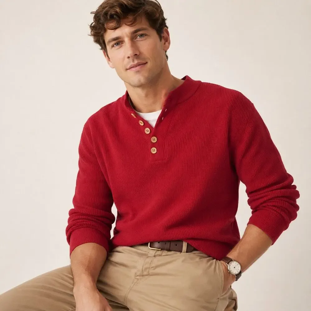 Vintage Eddie Bauer Button Fisherman Henley Chunky Cotton Sweater XLT